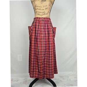 Vintage Josephine Red Purple Plaid Button Front Maxi Skirt Oversized Pockets M